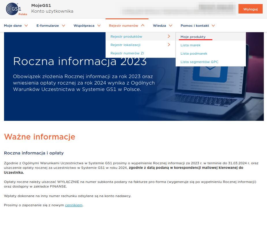 Wybierz opcje Moje Produkty